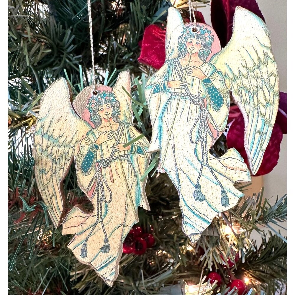 VTG Decopage Angel Ornaments Set of 2 Wood Handmade Christmas Guardian M…